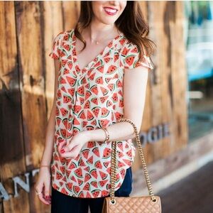 Anthropologie Maeve Watermelon Print White Short Sleeve Blouse 10